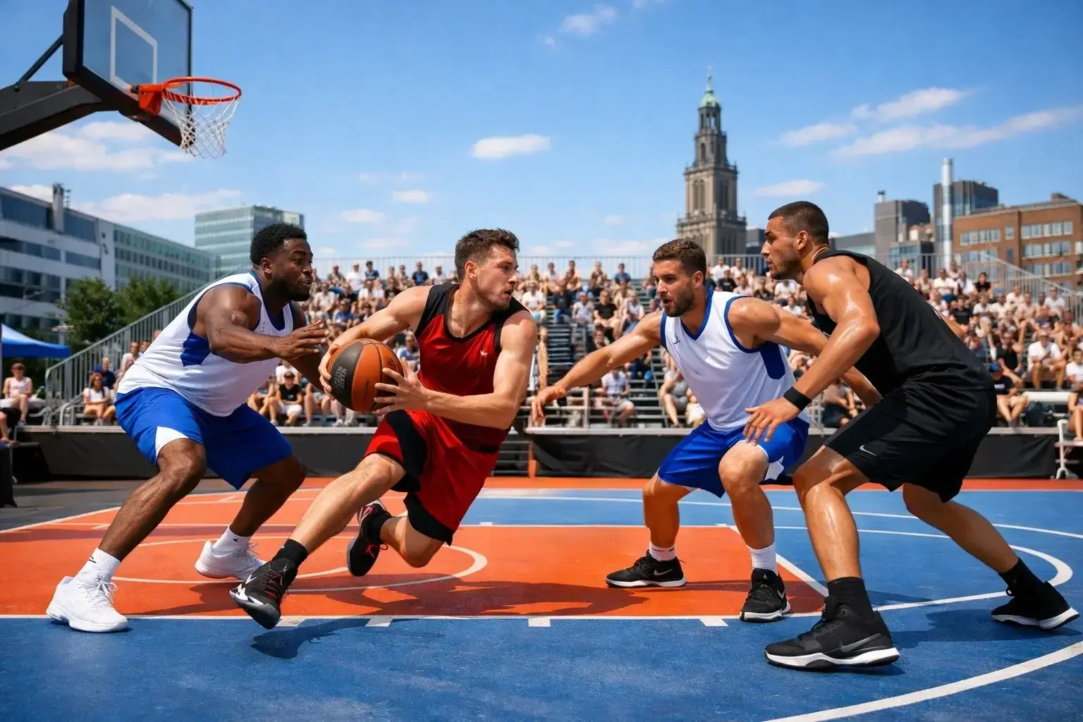 3x3 basketbal streetball wedstrijd op buitenveld met drie spelers