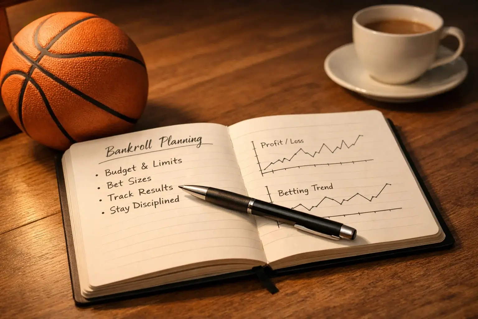 Bankroll management planning met notitieboek en basketbal