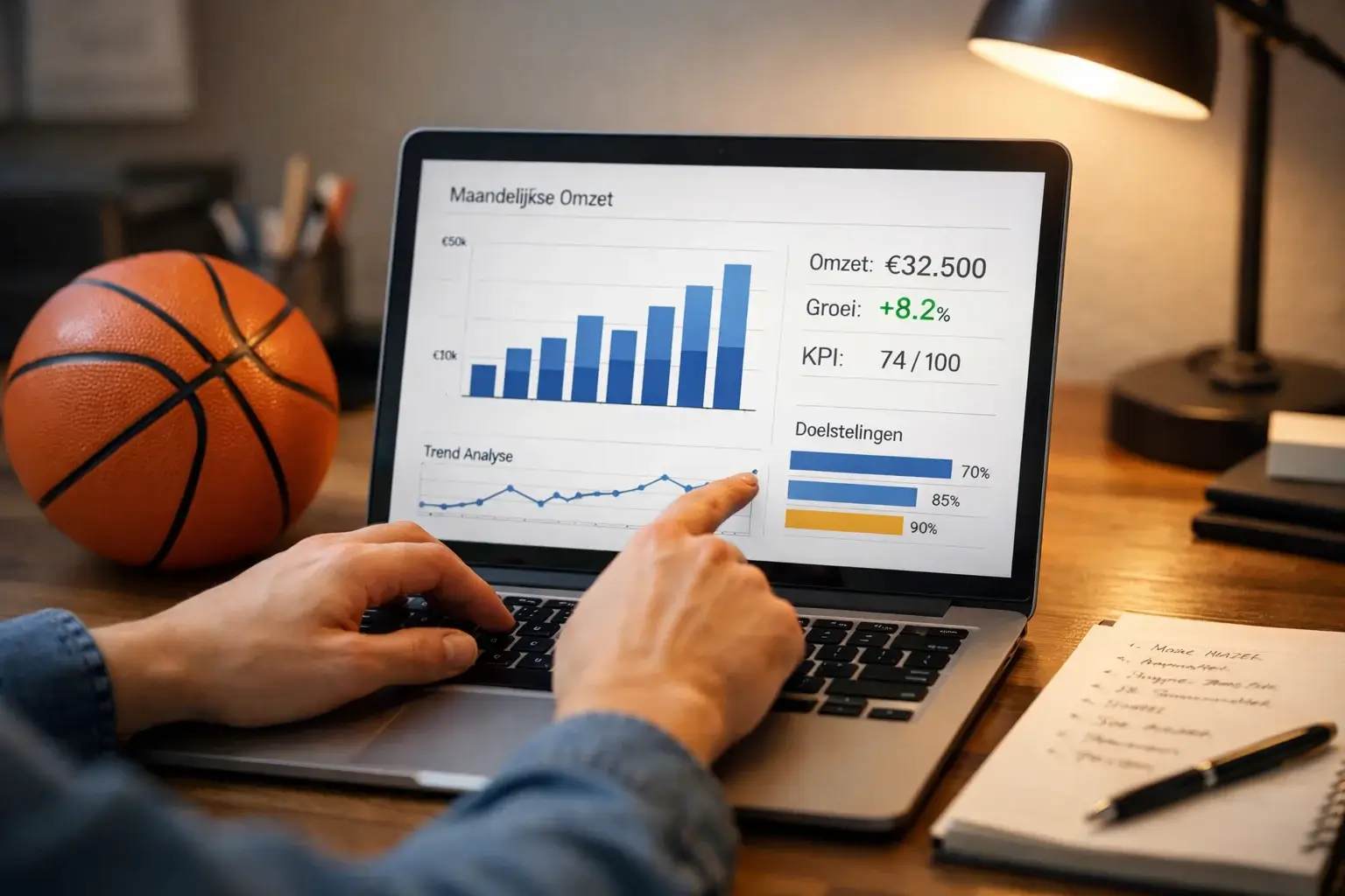 Basketbal statistieken analyse op laptop met data grafieken