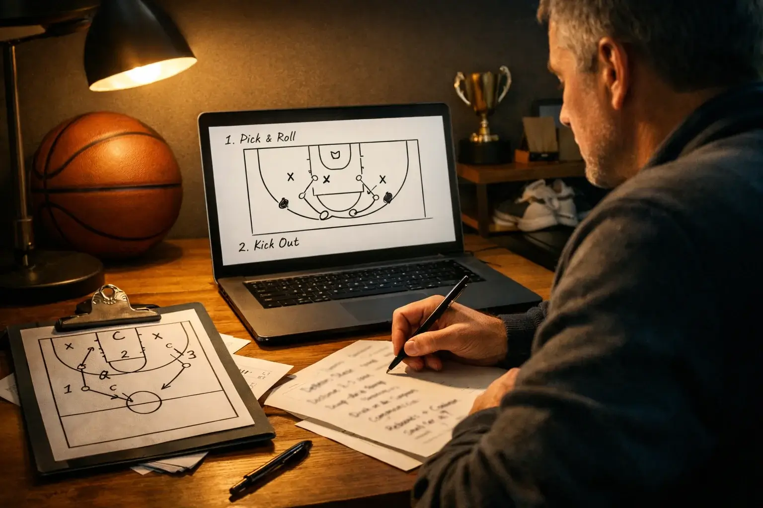 Basketbalanalist bestudeert wedstrijdstatistieken