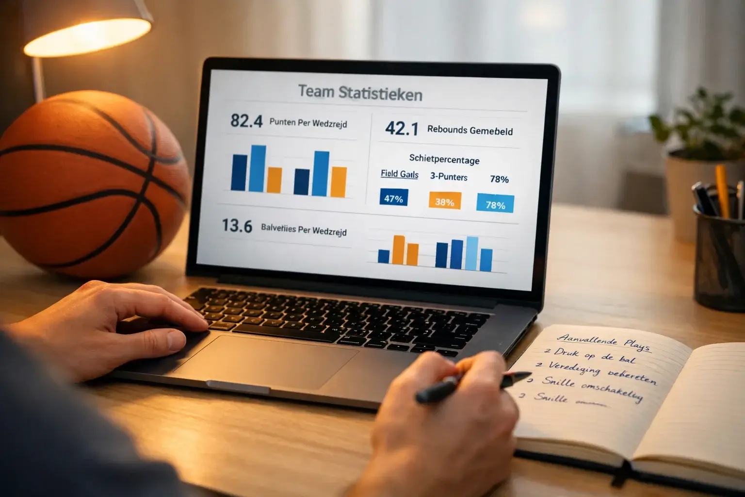 Basketbal wedden strategie - statistieken en data analyse op laptop