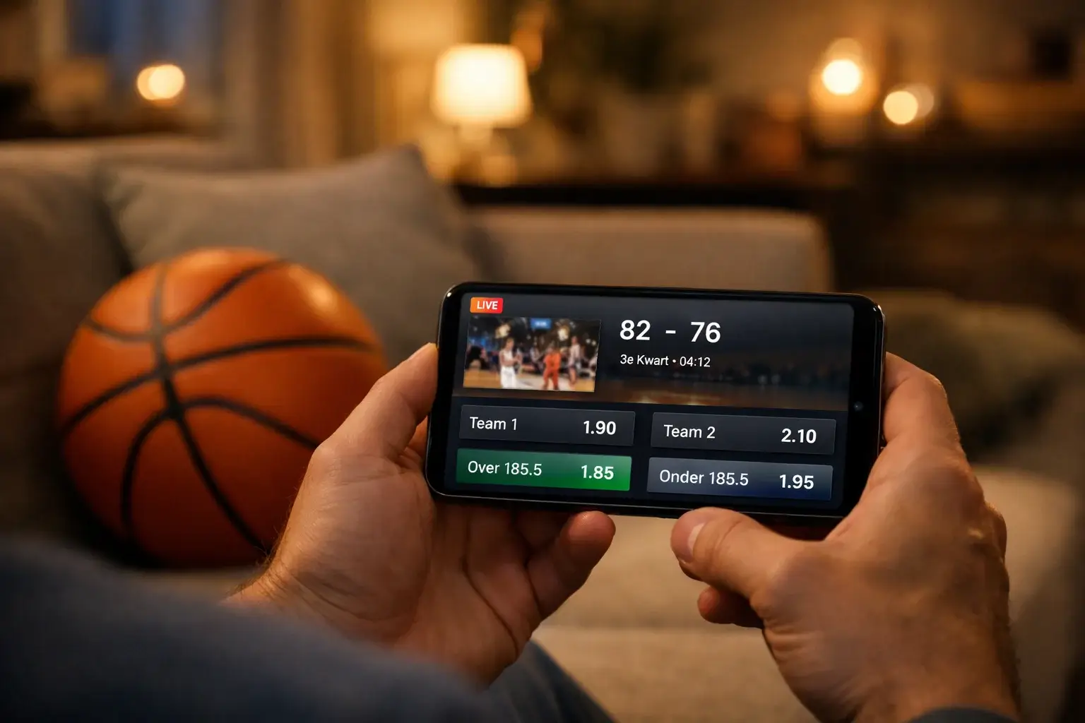 Mobiele basketbal wedden app op smartphone met NBA wedstrijd
