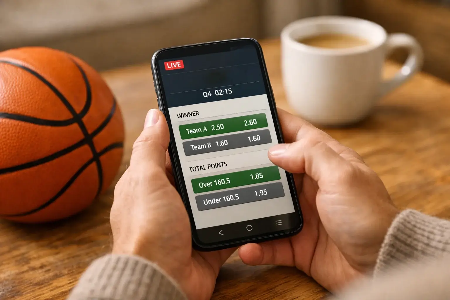Beginner leert basketbal wedden met smartphone en basketbal