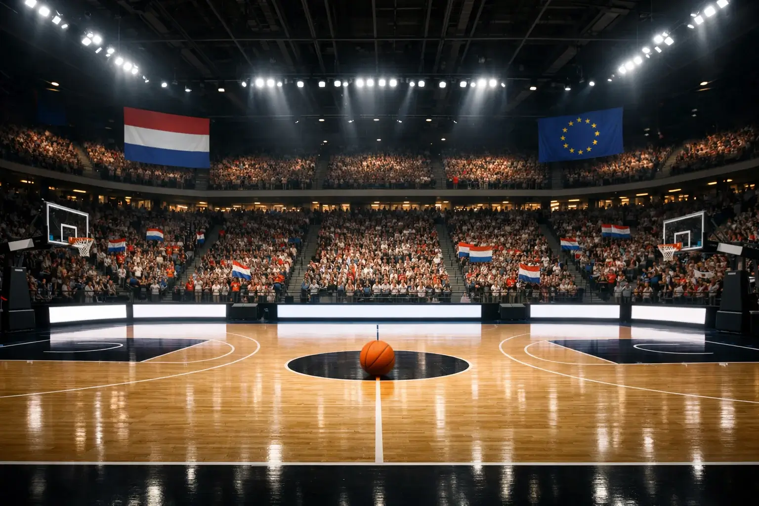 EuroLeague basketbalwedstrijd in een Europese arena