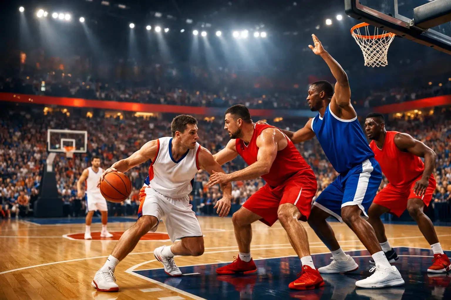 Internationaal basketbal toernooi met landenteams en nationale vlaggen