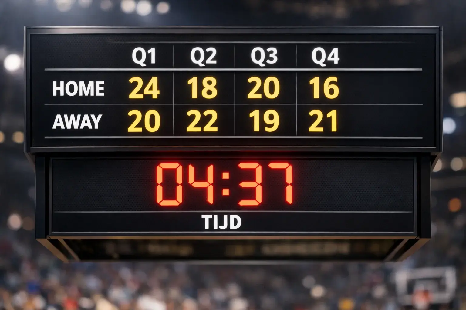 Basketbal scorebord met kwartscores en game clock