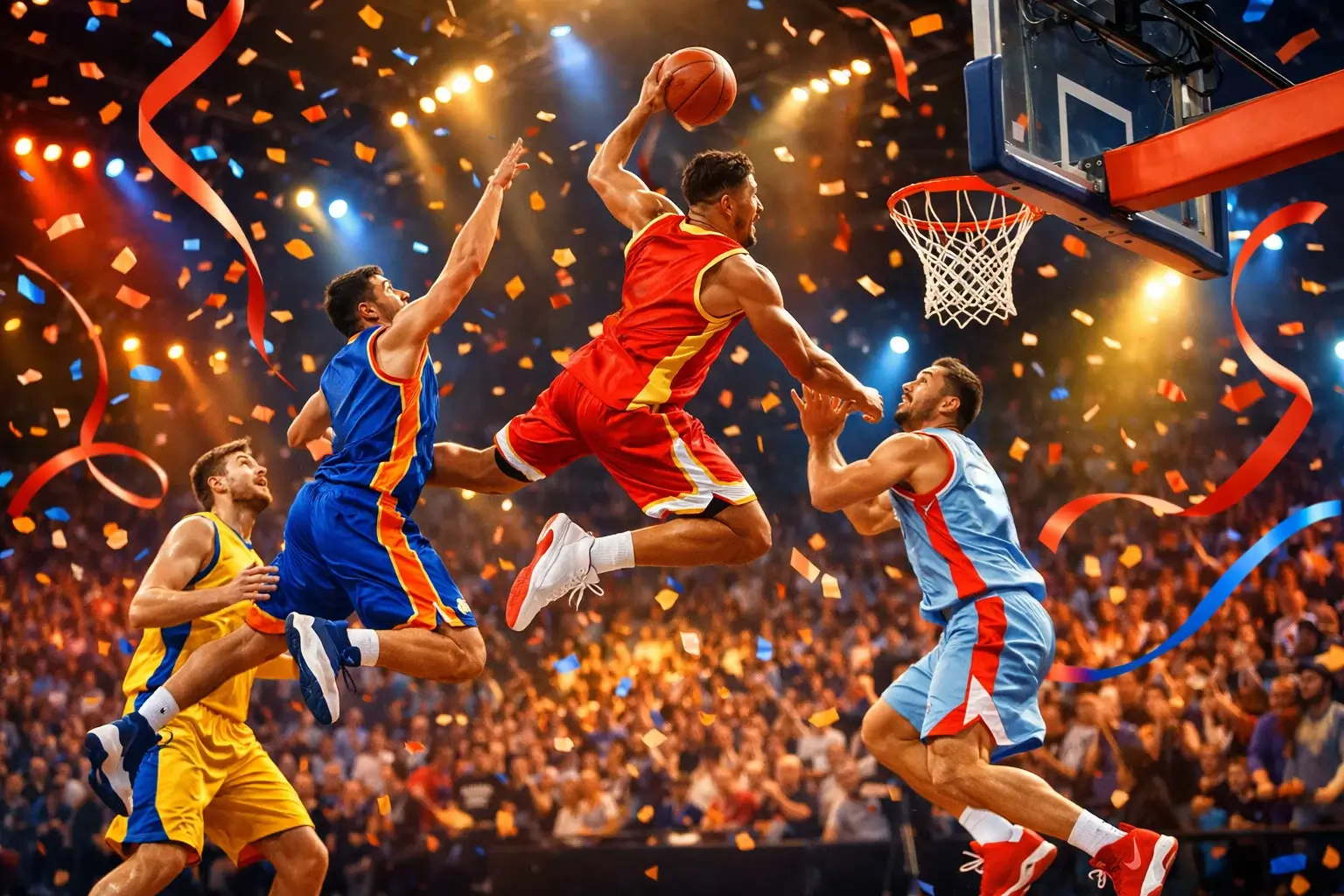 NBA All-Star Game actie met sterrenspelers in speciale uniformen