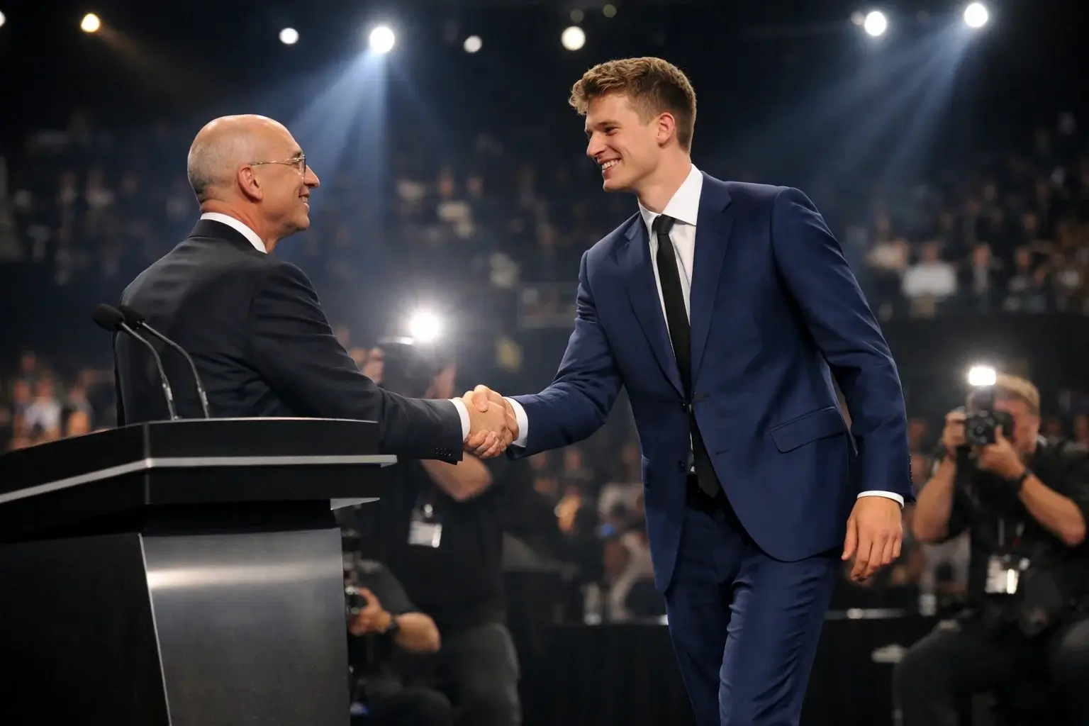 NBA Draft podium met jonge prospect en commissioner