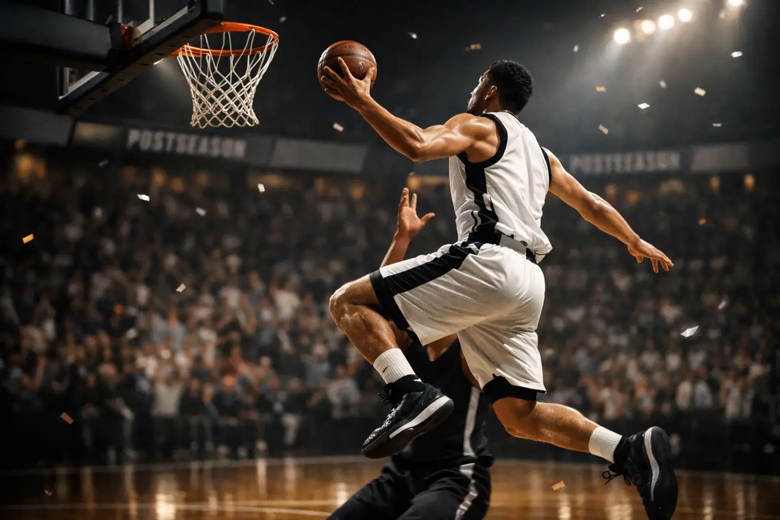 NBA playoffs wedstrijd met intense sfeer en volle arena tribune