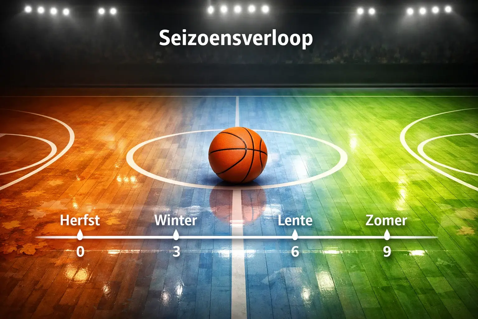 NBA seizoenskalender met verschillende fasen gemarkeerd