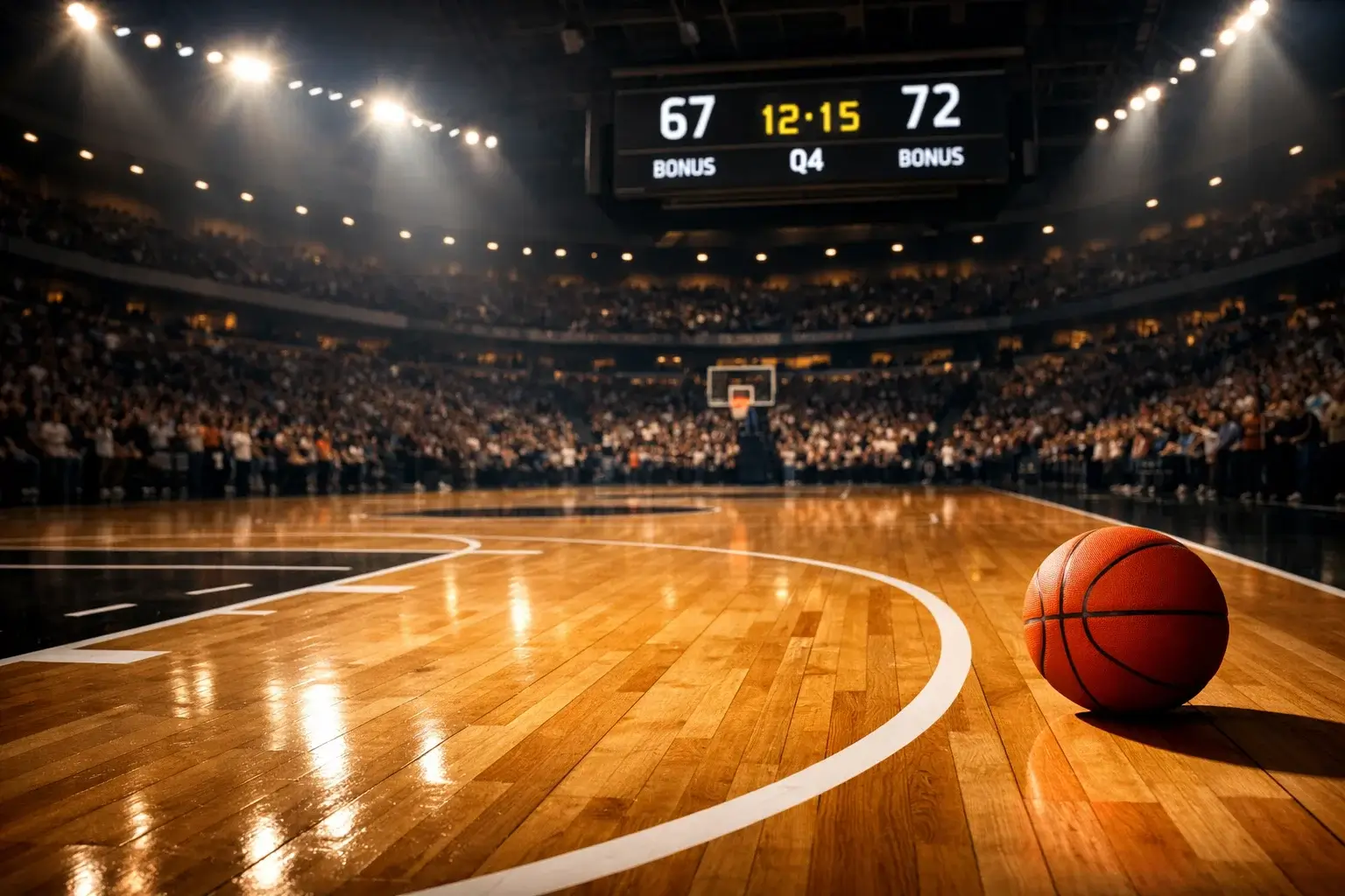NBA basketbalveld met scorebord tijdens een wedstrijd